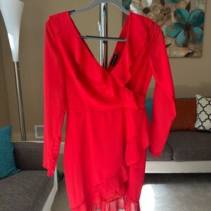 PrettyLittleThing Red Sheath Long Sleeve V-Neck Dress